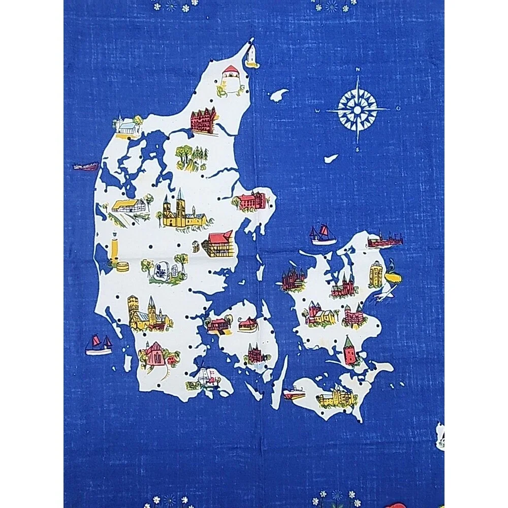 Vtg Tablecloth Fabric Ingrid Pedersen Denmark Souvenir 36” By 36” Blue